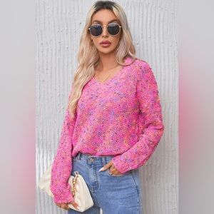 Heathered V-Neck Dropped Shoulder Sweater